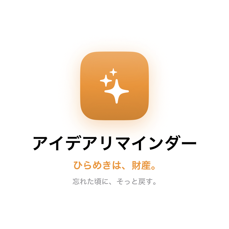 案内の表紙：アンバー色のアプリアイコンと、アプリ名「アイデアリマインダー」、タグライン