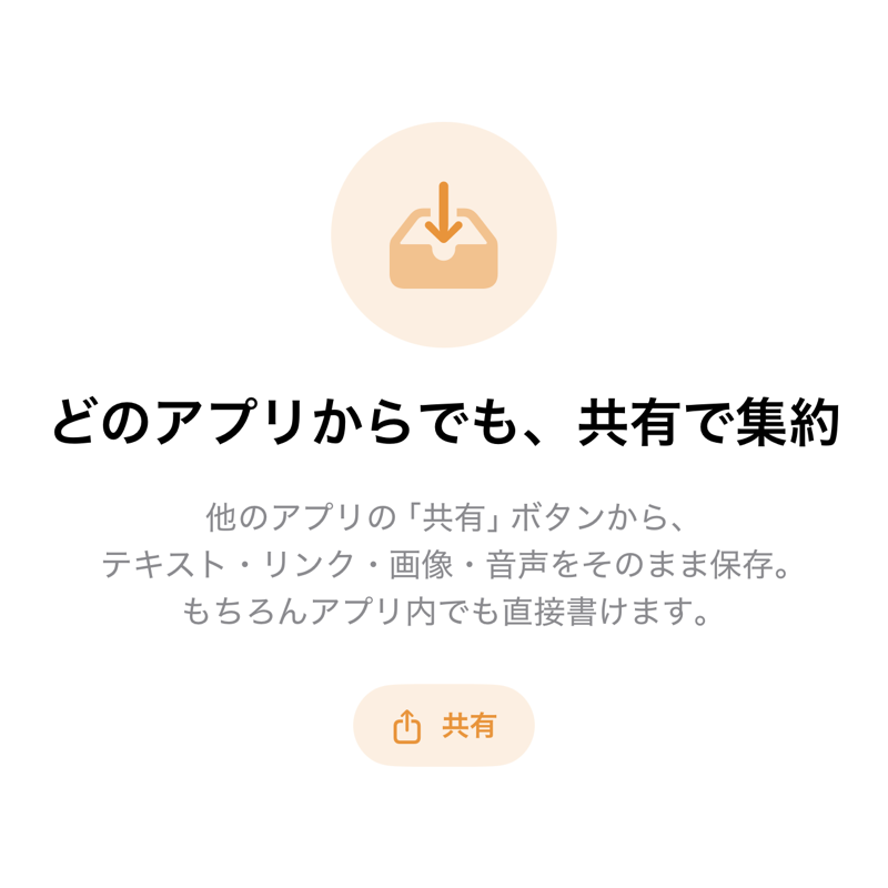案内の5ページ目：オレンジのトレイに矢印が入るアイコンと見出し、説明文、「共有」ボタンの図
